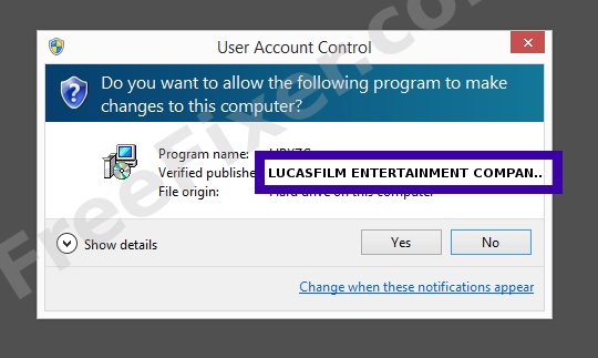 Screenshot where LUCASFILM ENTERTAINMENT COMPANY LTD appears as the verified publisher in the UAC dialog